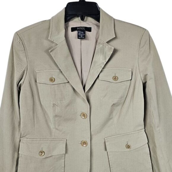Body by Victoria Tan 2 Button Blazer 10 Stretch Utility Safari Neutral Office - Picture 3 of 7